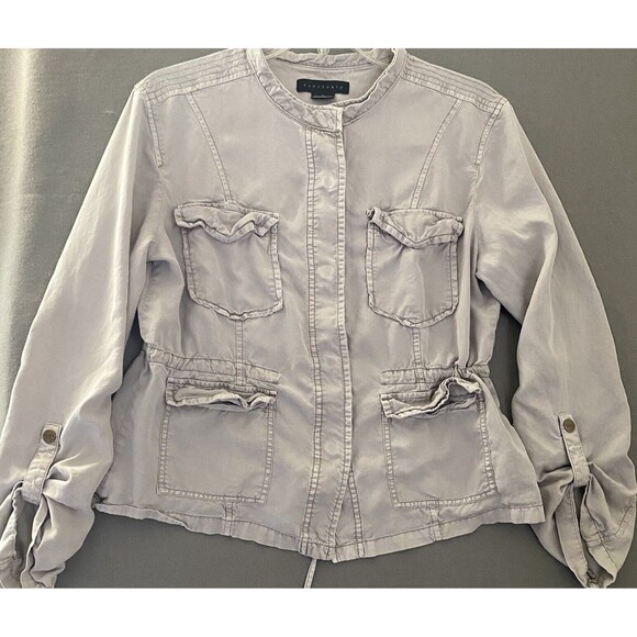 Sanctuary Jacket Womens Large Gray Green Snap Lightweight Roll Tab Sleeve Pocket - Picture 1 of 10